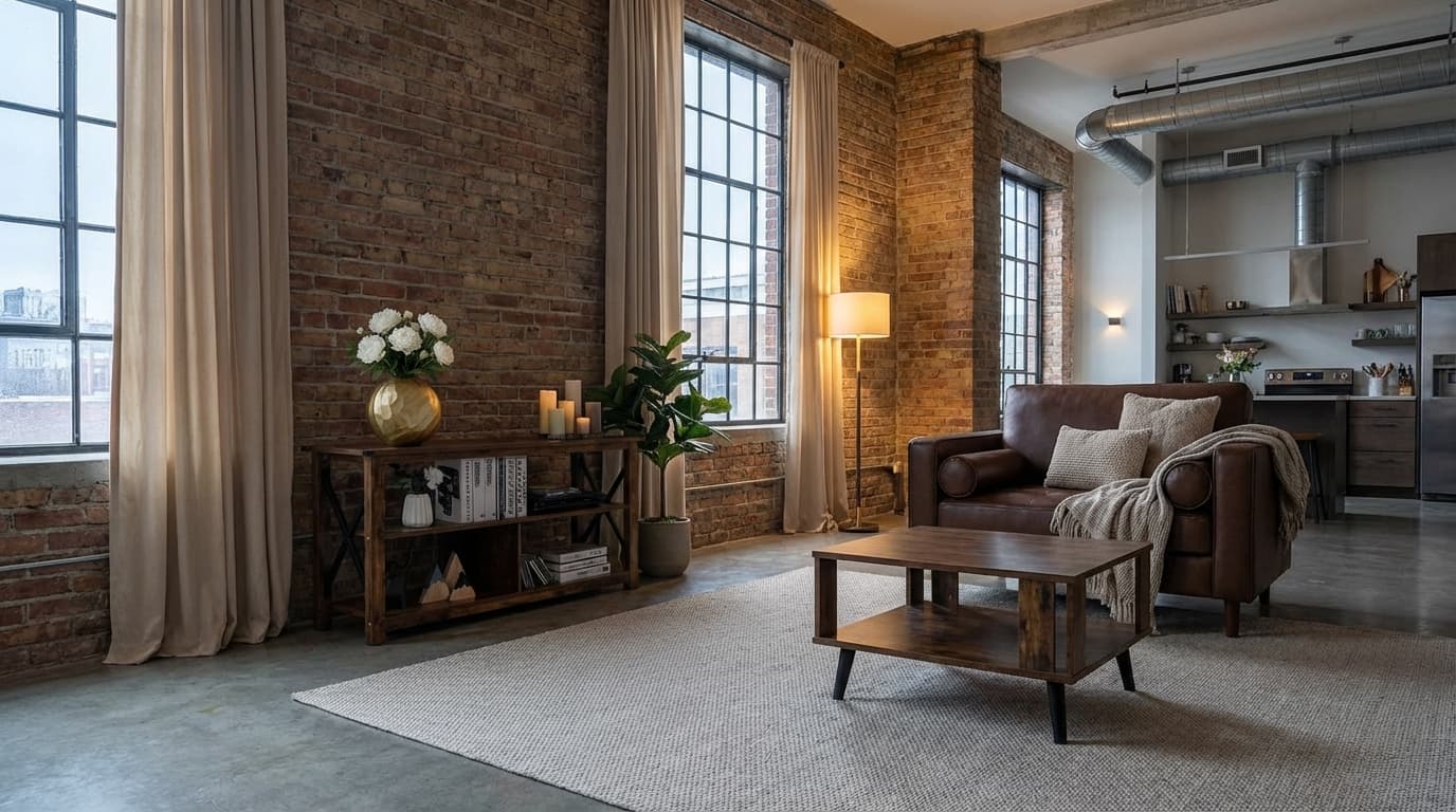 Moody Refined Industrial loft living room with dark metals, exposed brick, worn leather, smoked wood, and a restrained palette grounded in charcoal and cognac.