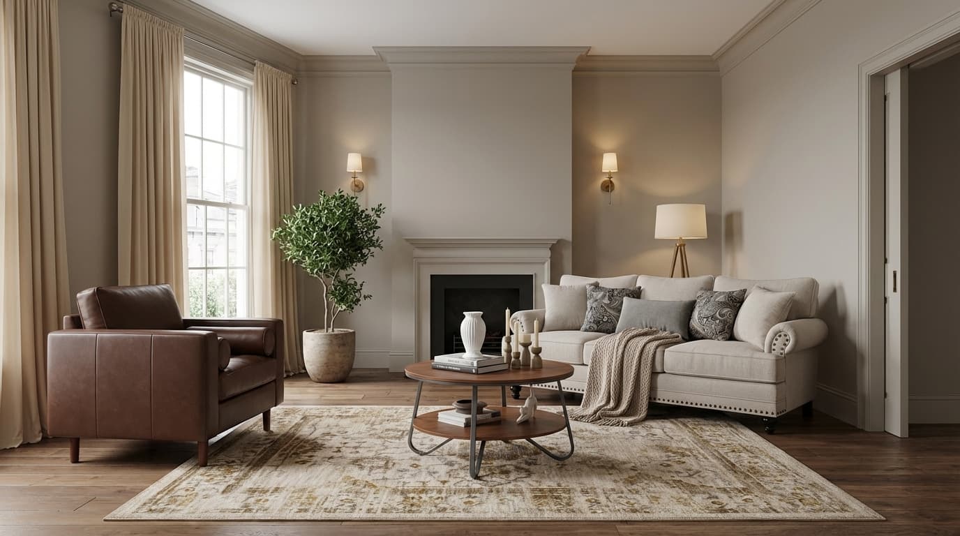 Classic American Transitional living room with warm greige walls, mixed wood tones, and comfortable upholstered silhouettes; tailored, inviting, and layered with subtle contrast in cream, taupe, walnut, and aged brass.