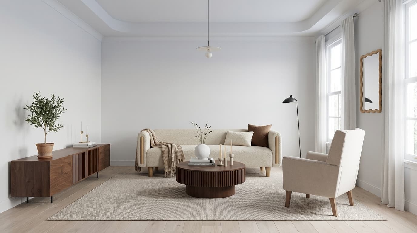 A serene Nordic Minimalist living room with pale oak, oat linen, soft whites, and airy proportions, grounded by clean lines and tactile restraint under cool natural daylight.