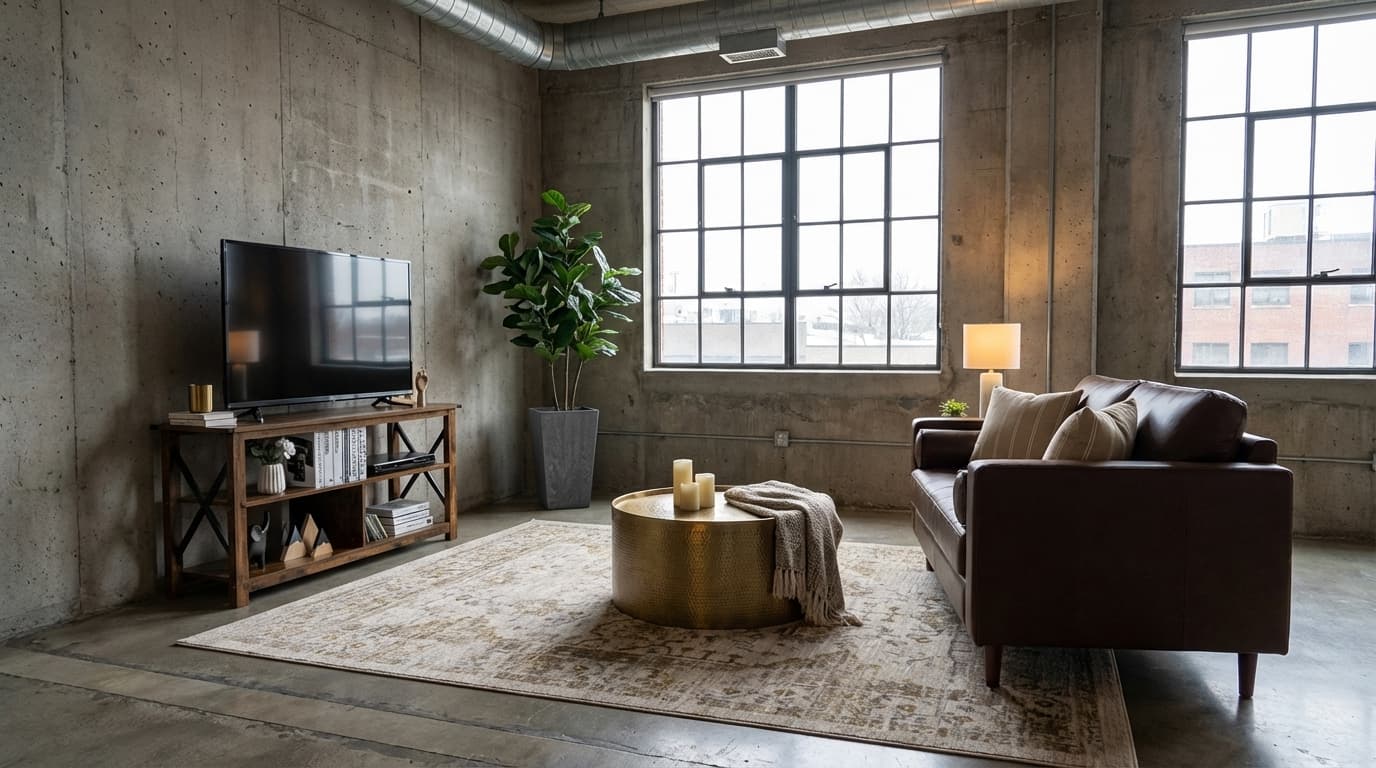 Refined Industrial living room with exposed concrete, warm leather, matte black steel, and dark reclaimed wood; streamlined silhouettes, utilitarian details, and a moody but inviting atmosphere.