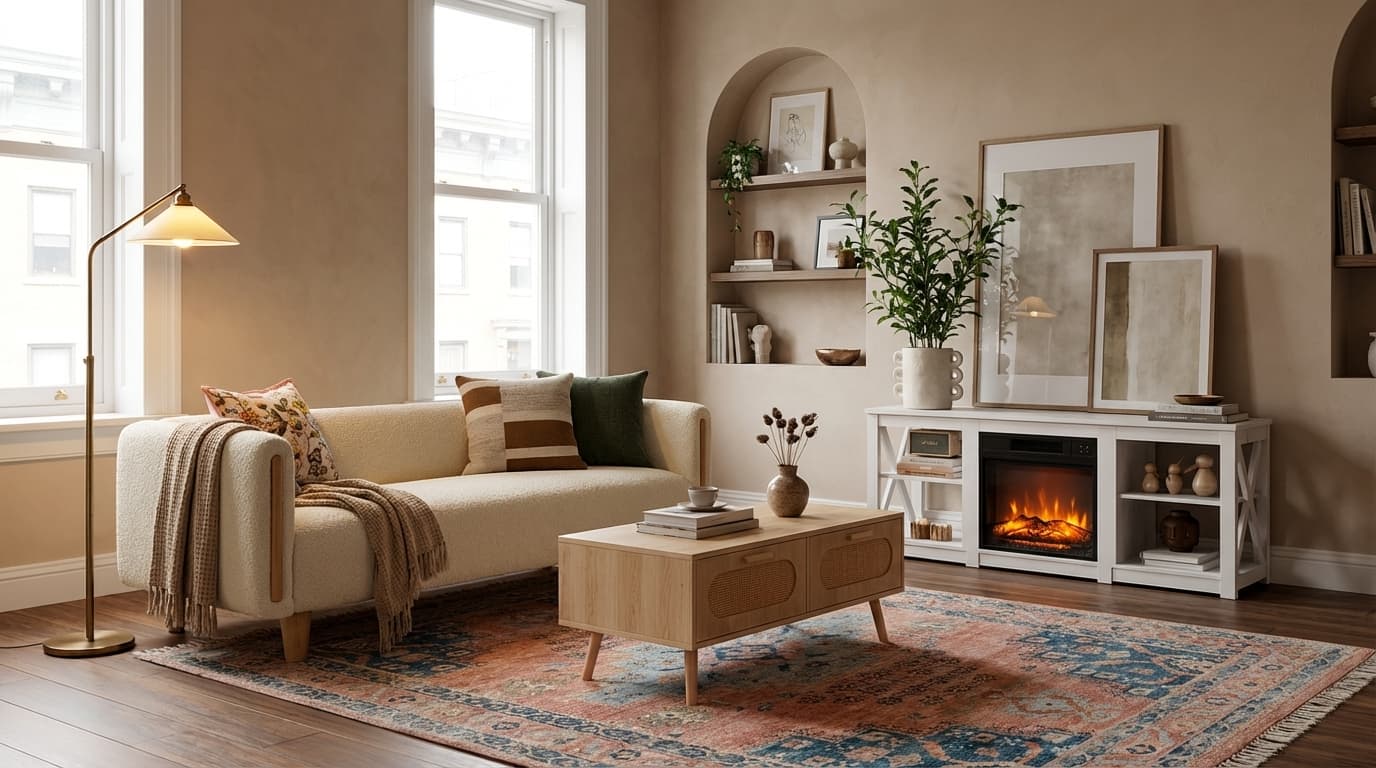 Eclectic Bohemian living room with layered textiles, warm jewel tones, global patterns, carved wood, and collected vintage character in a relaxed, artful atmosphere.