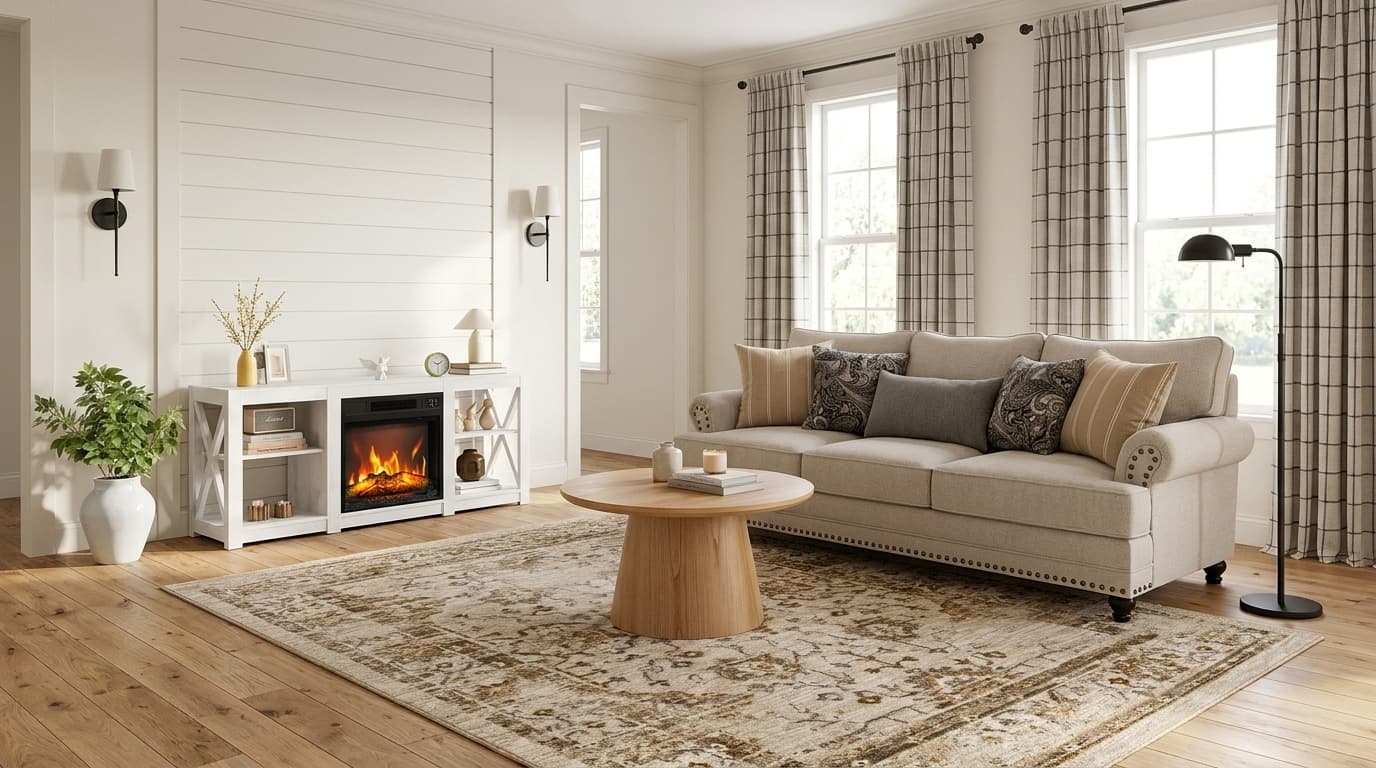 Warm Modern Farmhouse living room with shiplap, natural wood, cozy black accents, relaxed tailored upholstery, soft texture, and lived-in comfort in a bright suburban setting.